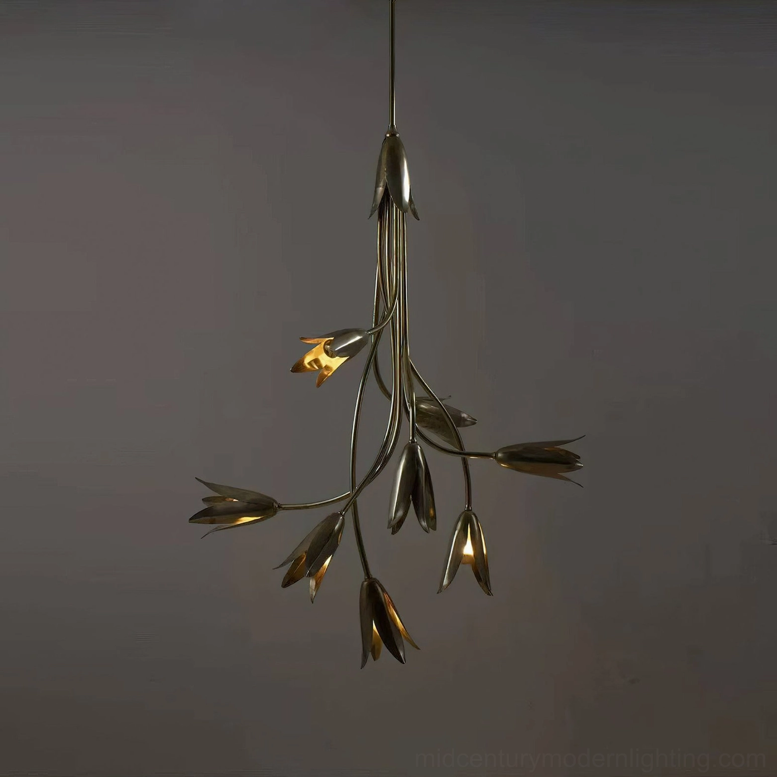 Evadne brass tulip chandelier close-up with warm golden light emission showing bud-shaped shades