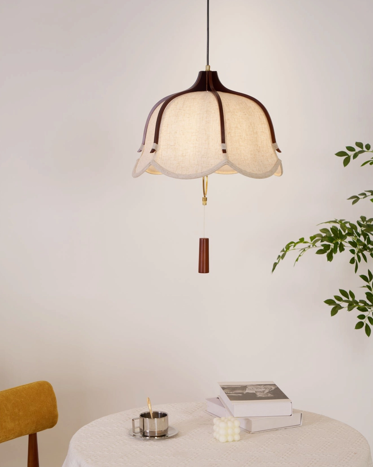 Evelyn mid-century modern pendant lamp walnut wood frame and vintage-inspired pull switch mechanism
