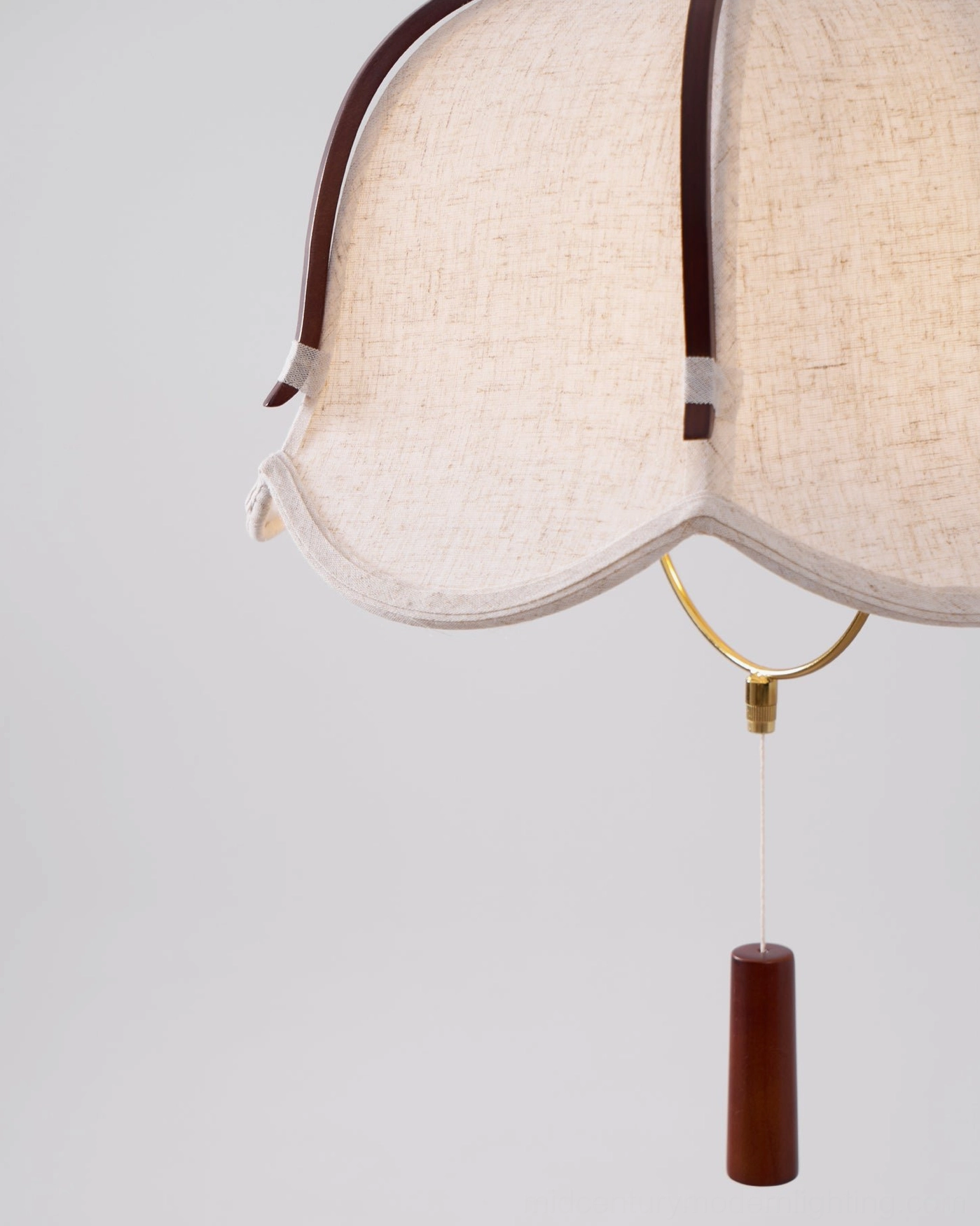 Evelyn scalloped pendant lamp detail showing fabric texture and wooden frame craftsmanship