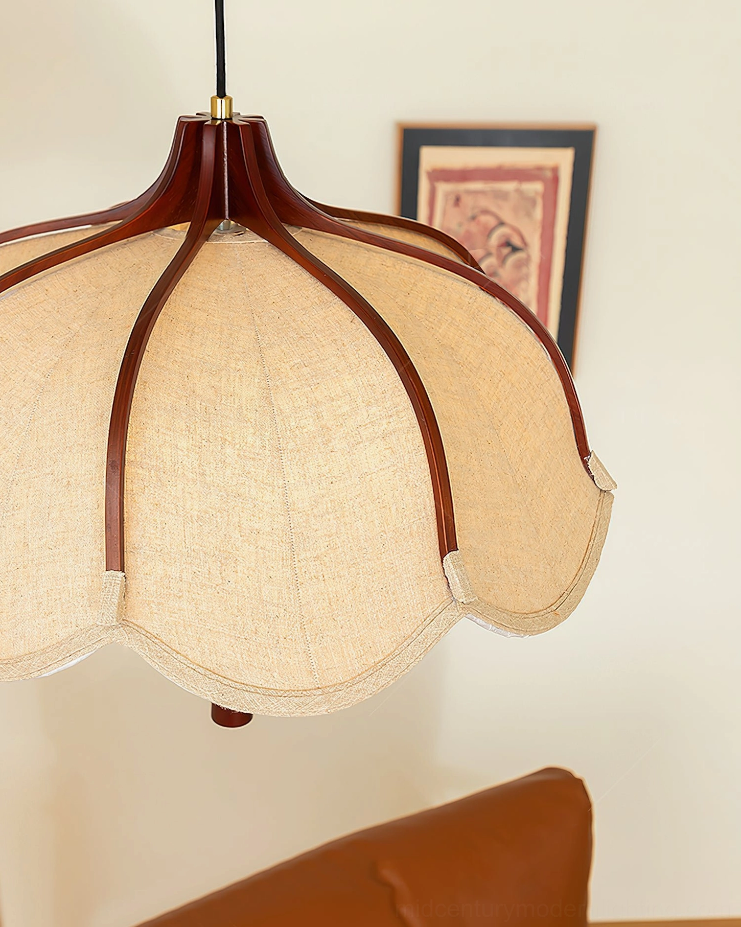 Evelyn scalloped fabric pendant light in home setting, showcasing vintage European design inspiration