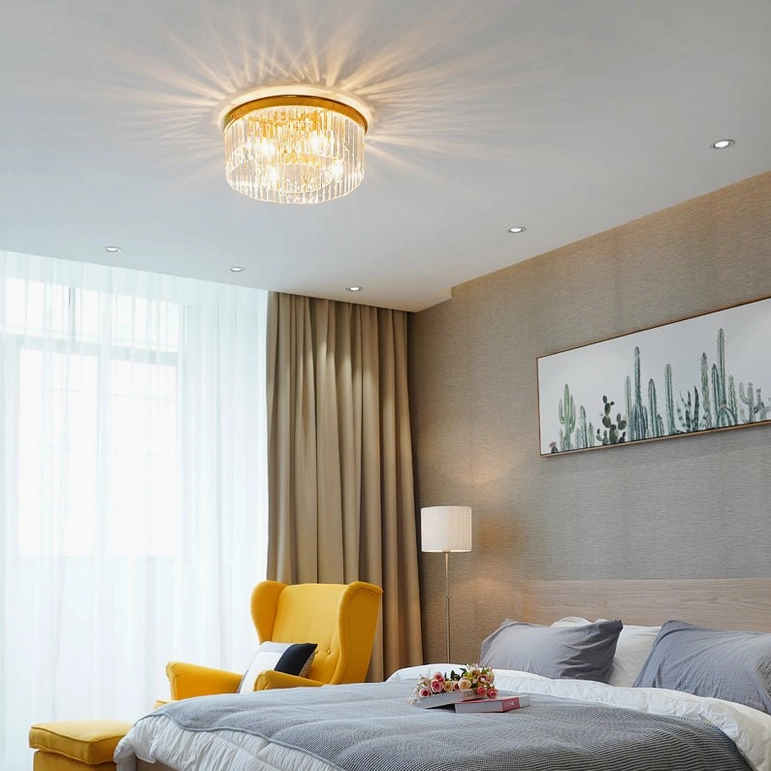 Evina ceiling light installed in modern luxury bedroom overhead ambient lighting