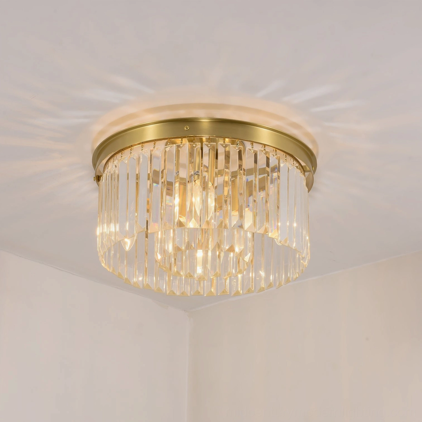 Evina small brass crystal ceiling light fixture in minimalist room corner installation