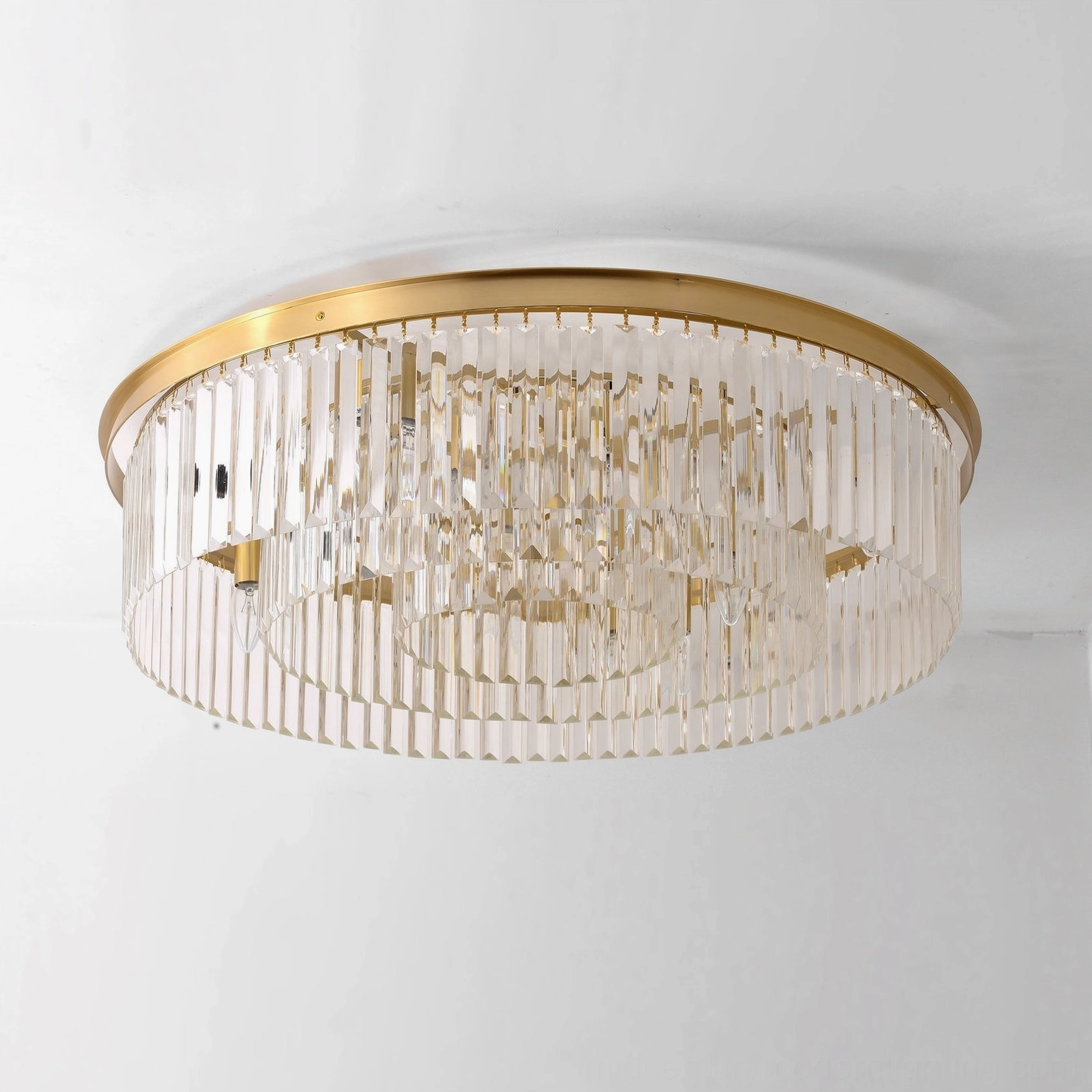Evina large layered crystal ceiling light with gold brass rim modern tiered design