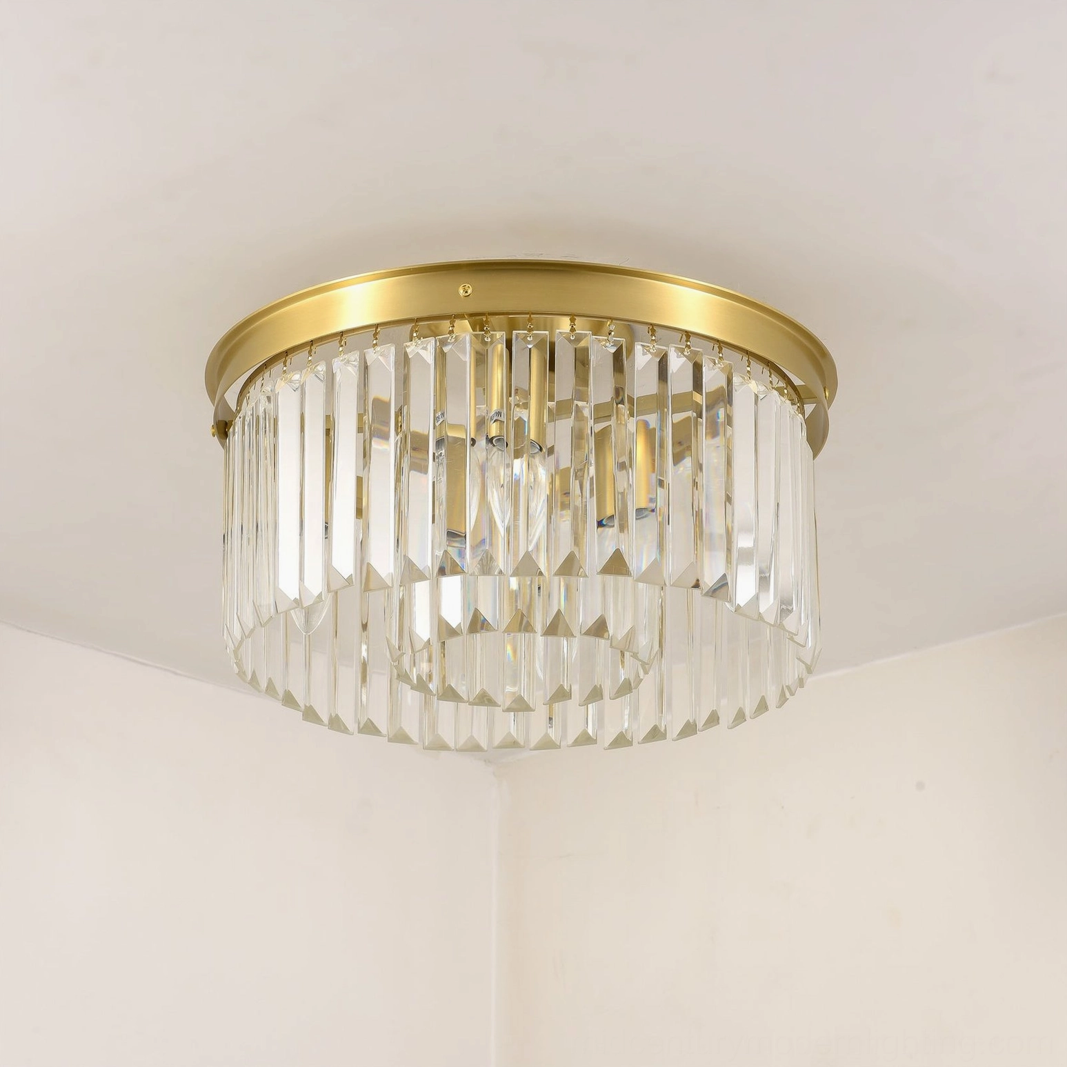 Evina ceiling light vertical crystal rods arranged with brass top frame and mounting hardware