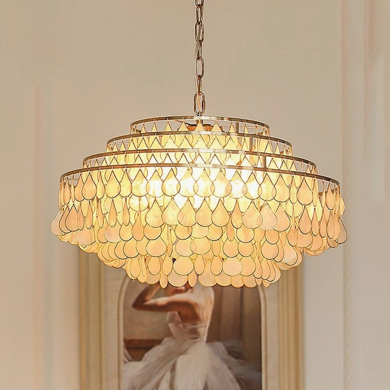 Extra large tiered shell pendant lamp 80cm diameter, product photograph showing maximum size option and full layered shell composition