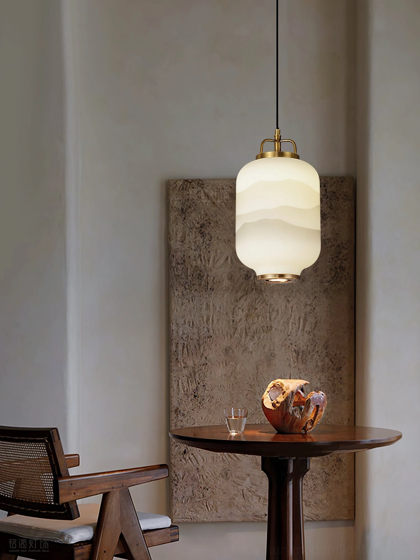 Ezio Mini Pendant Lamp architectural detail with brass accents and frosted glass