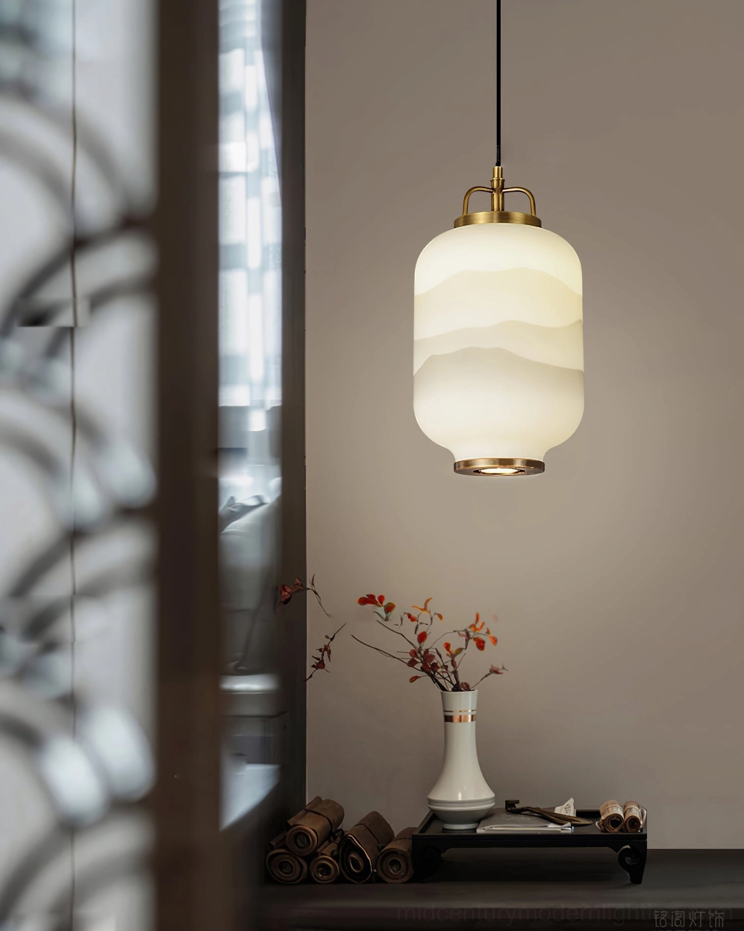 Ezio Pendant Lamp installed in modern bedroom, creating soft ambient lighting