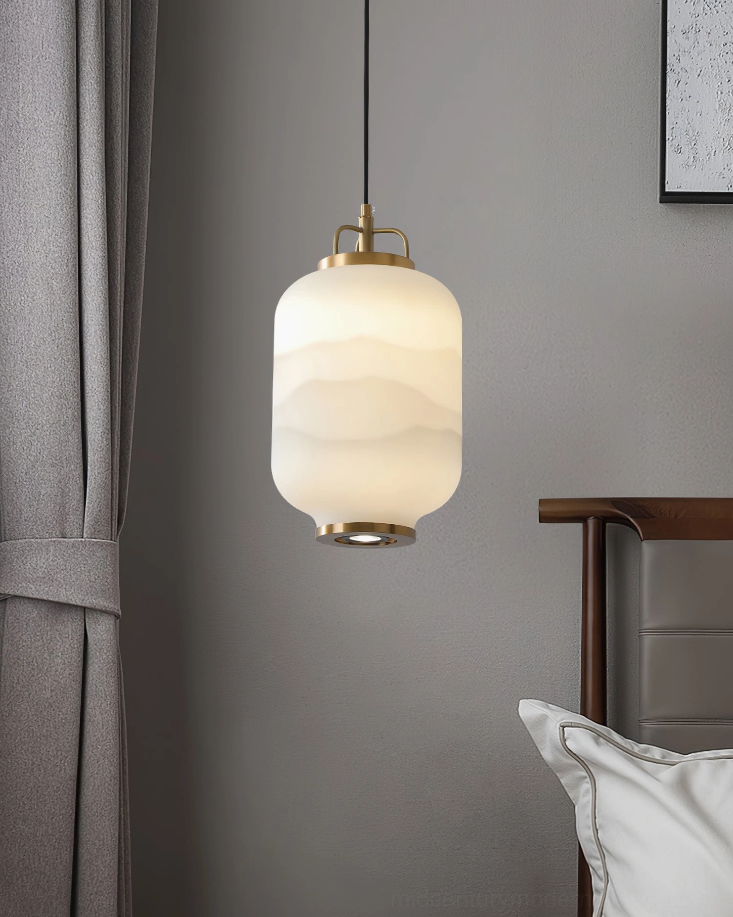 Single Ezio Pendant Lamp in minimalist bedroom corner with neutral decor
