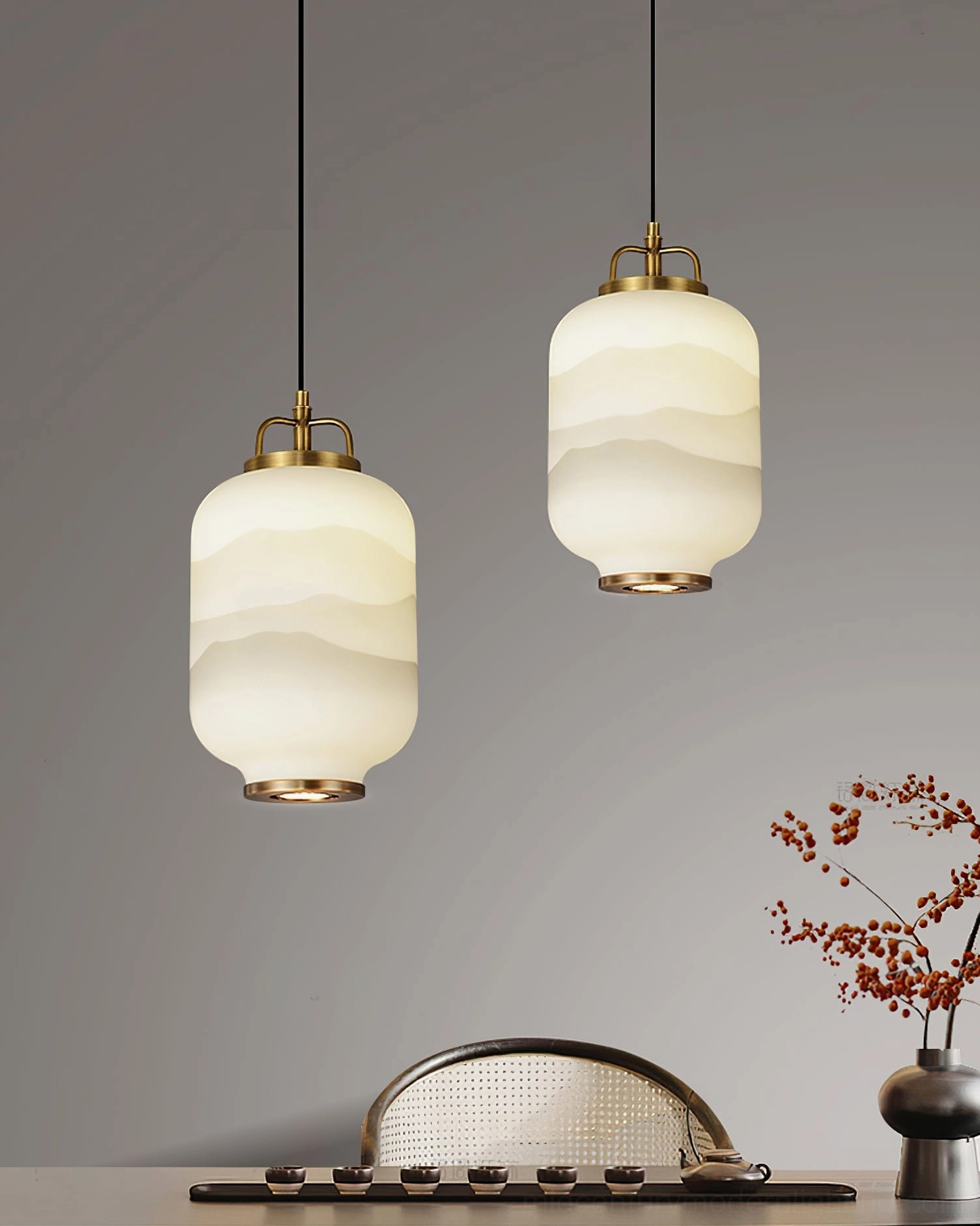 Ezio Tall Mini Pendant Lamp hanging view showing wire and ceiling mount