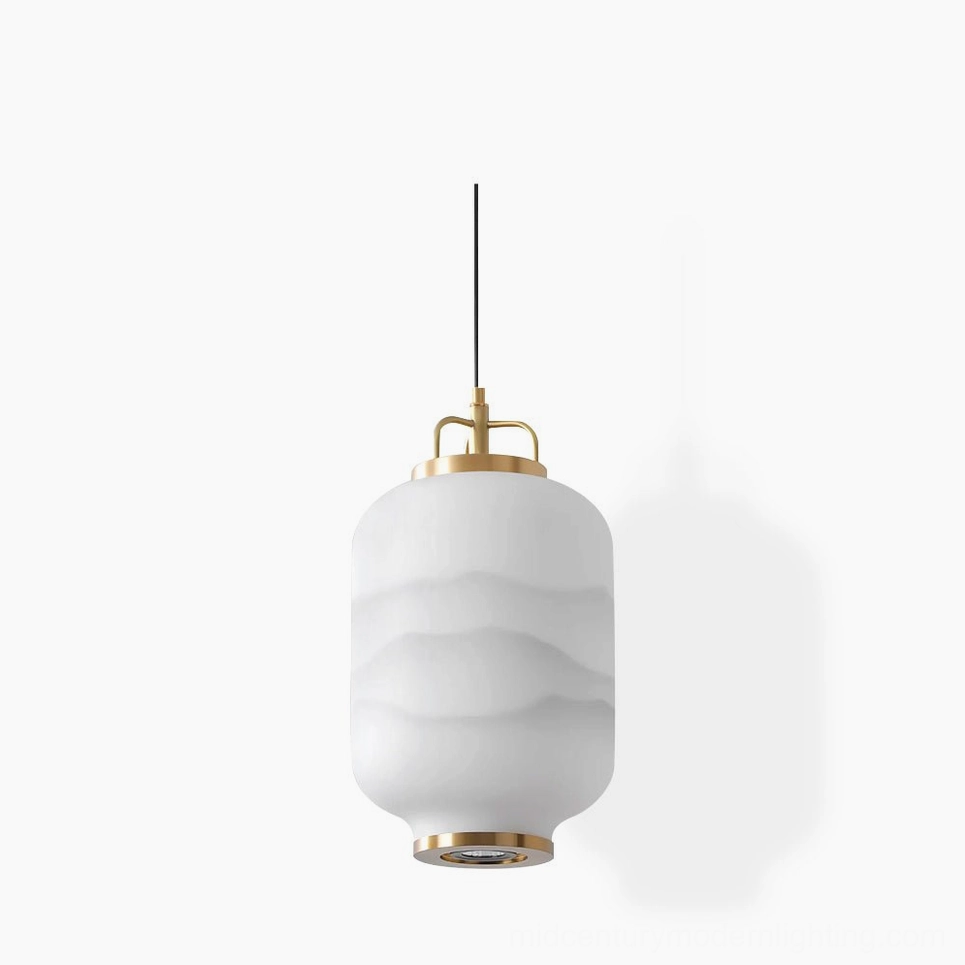 Ezio Tall Mini Pendant Lamp with frosted glass and brass hardware, studio frontal view