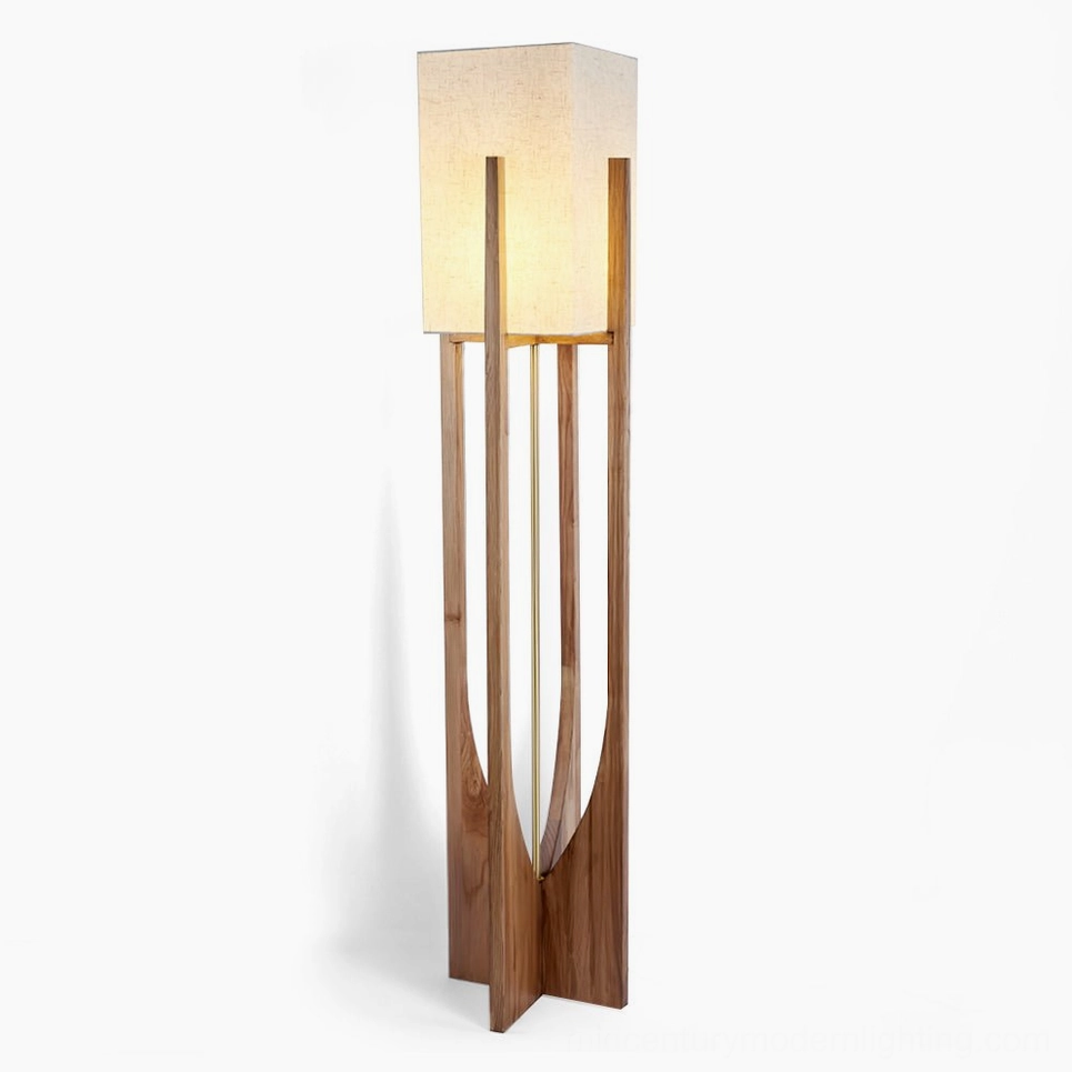 Fairbanks mid-century modern floor lamp with wooden frame and white fabric shade on studio background