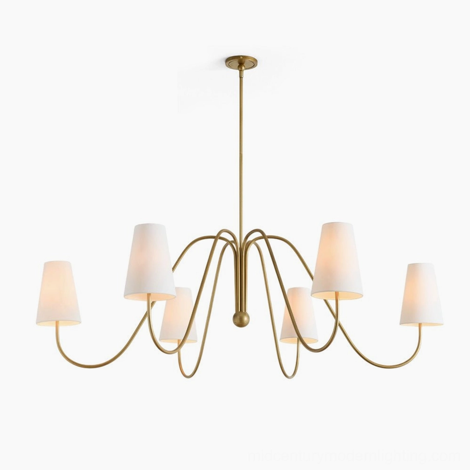 Farlane 6-light brass chandelier front view with white fabric shades, minimalist modern design, studio photography