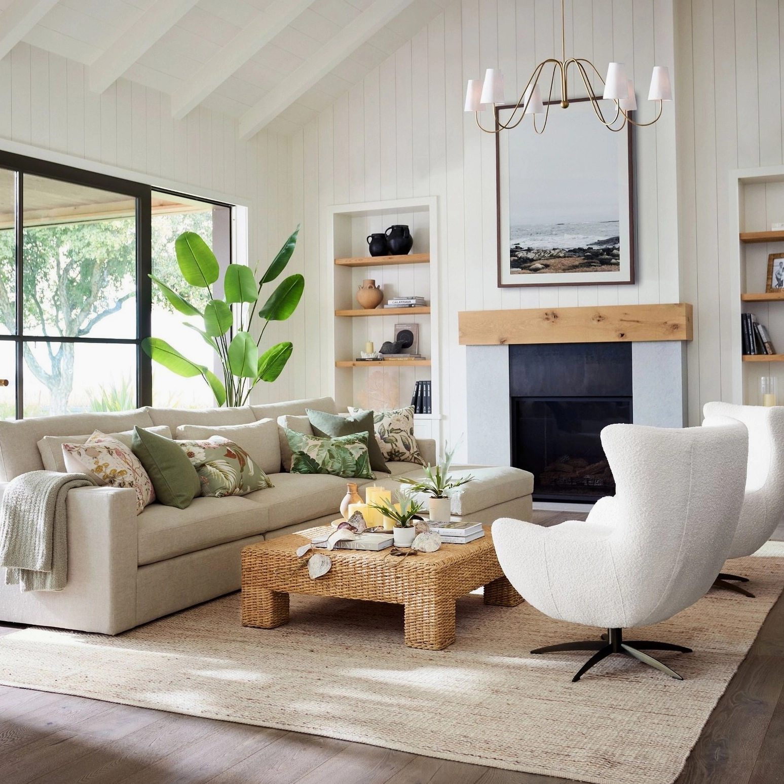 Farlane brass chandelier ceiling-mounted in bright airy farmhouse space, neutral aesthetic home decor