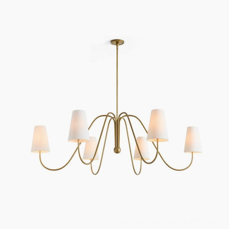 Farlane brass chandelier front elevation view, symmetrical 6-arm design with white fabric shades, studio background