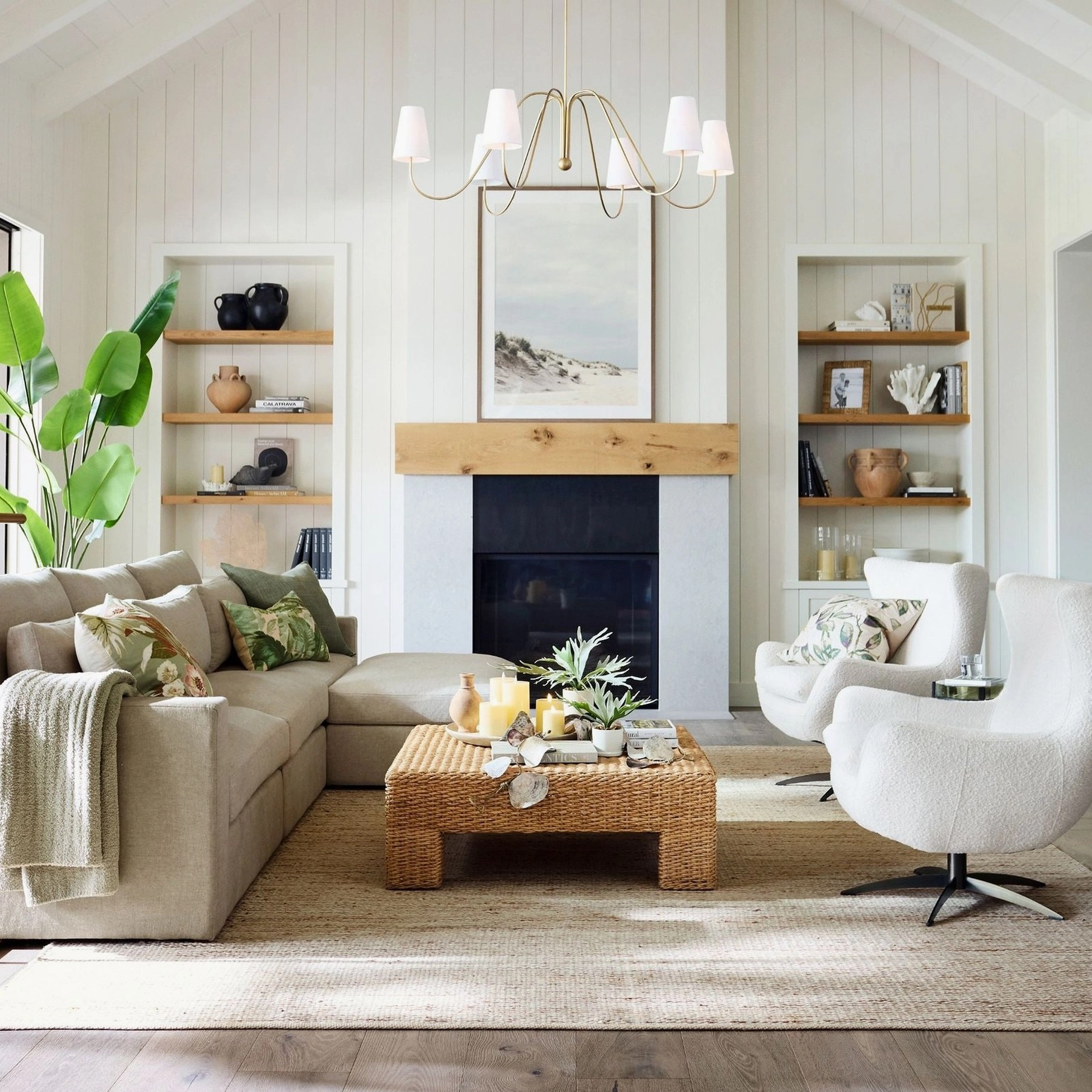 Farlane 6-light chandelier installed in modern farmhouse living room, warm ambient lighting, interior design showcase