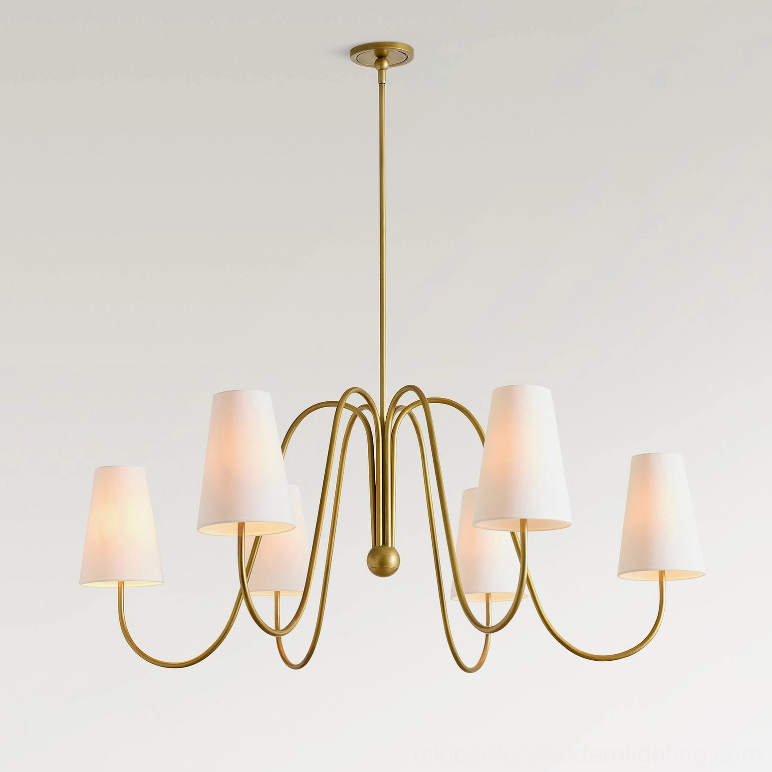 Overhead view of Farlane 6-light chandelier showing symmetrical brass arm configuration and fabric shades