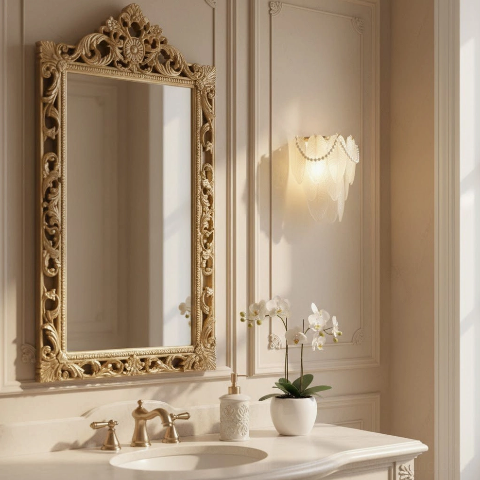 Feather Pearl Wall Sconce - bathroom vanity area, ornate gold-framed mirror, elegant bathroom wall lamp installation