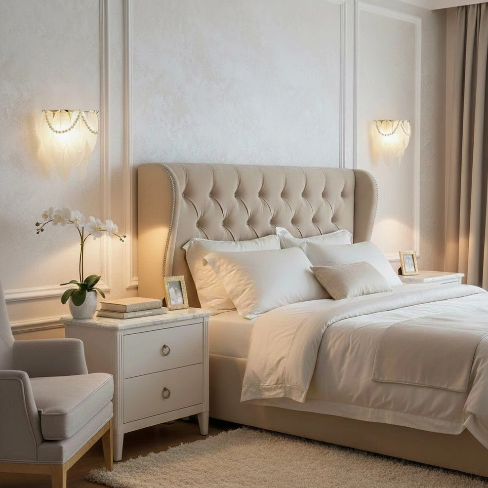 Feather Pearl Wall Sconce - matching pair flanking luxury tufted bed headboard, bedroom wall lighting installation
