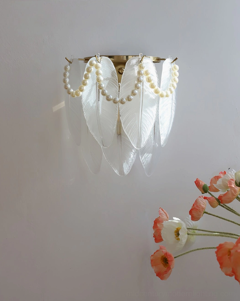 Feather Pearl Wall Sconce - feather-shaped glass component detail, translucent frosted finish, artistic silhouette