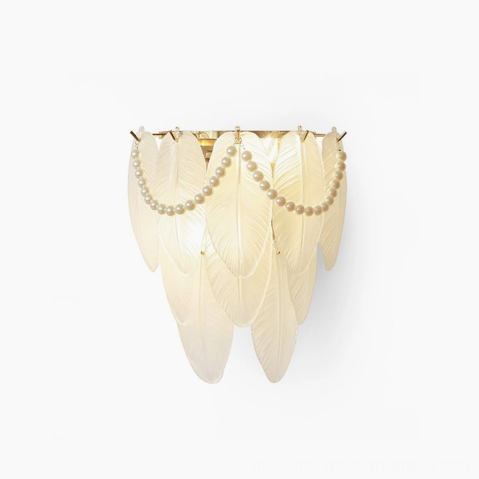 Feather Pearl Wall Sconce - frosted glass feather-shaped shade with pearl trim accent, front view on white background