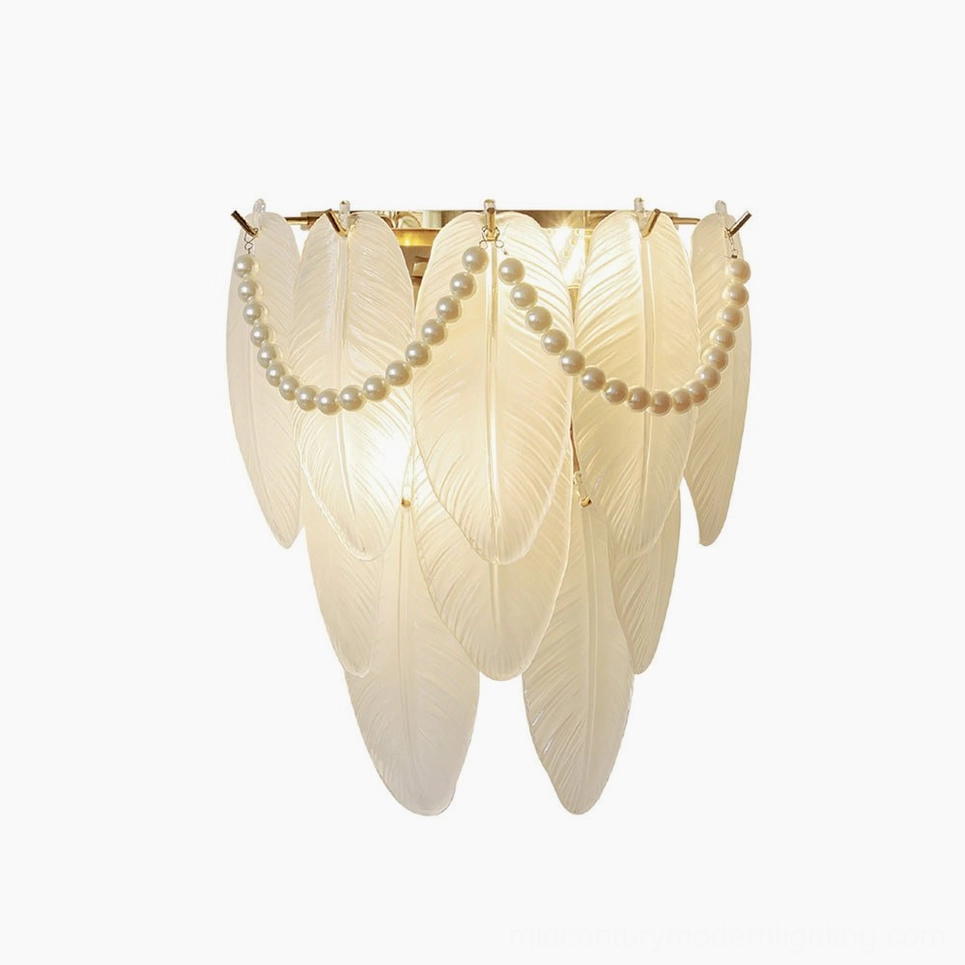Feather Pearl Wall Sconce - translucent frosted glass, pearl garland detail, polished gold hardware, oblique angle view