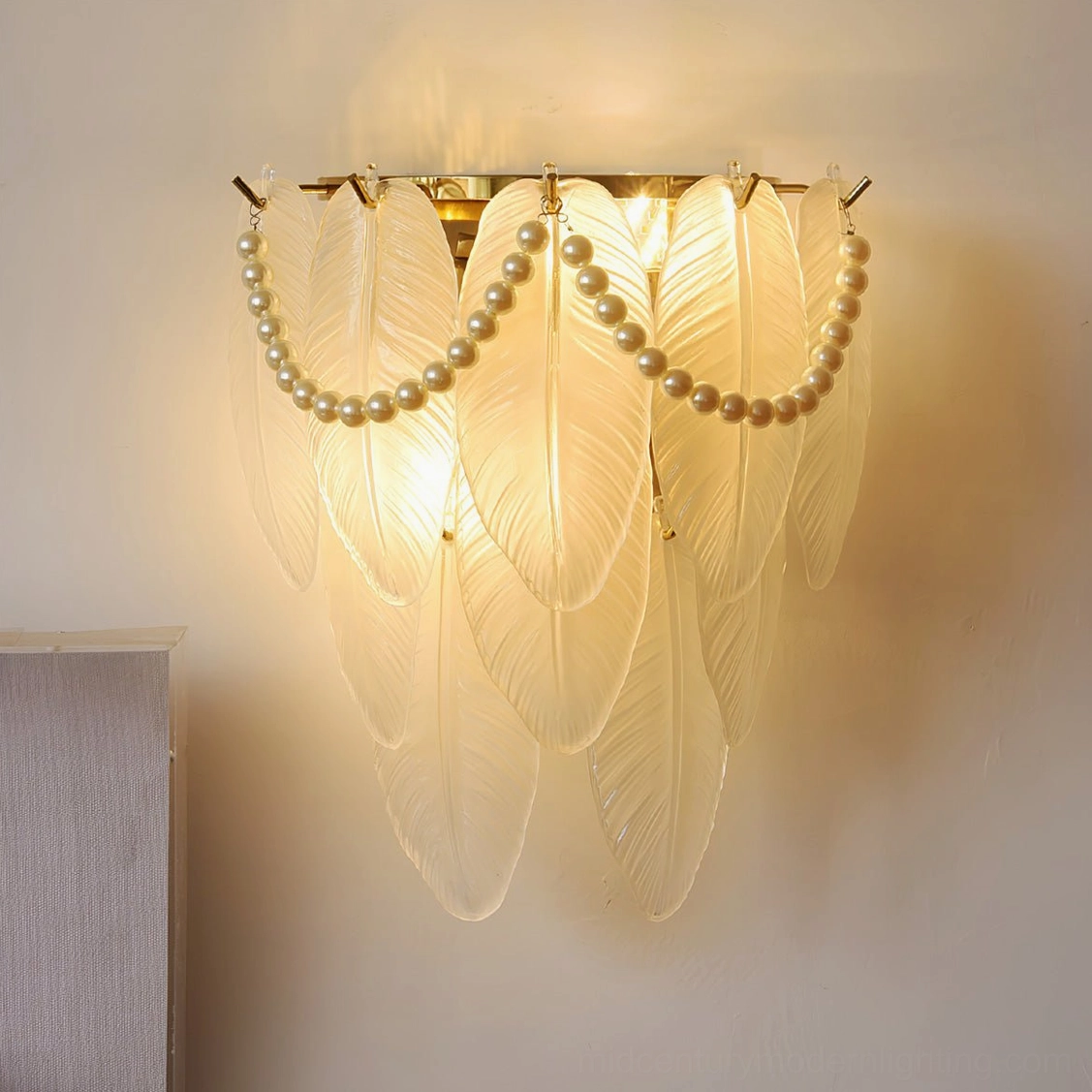 Feather Pearl Wall Sconce - gold finish option, warm polished metal hardware, luxurious aesthetic wall mounting