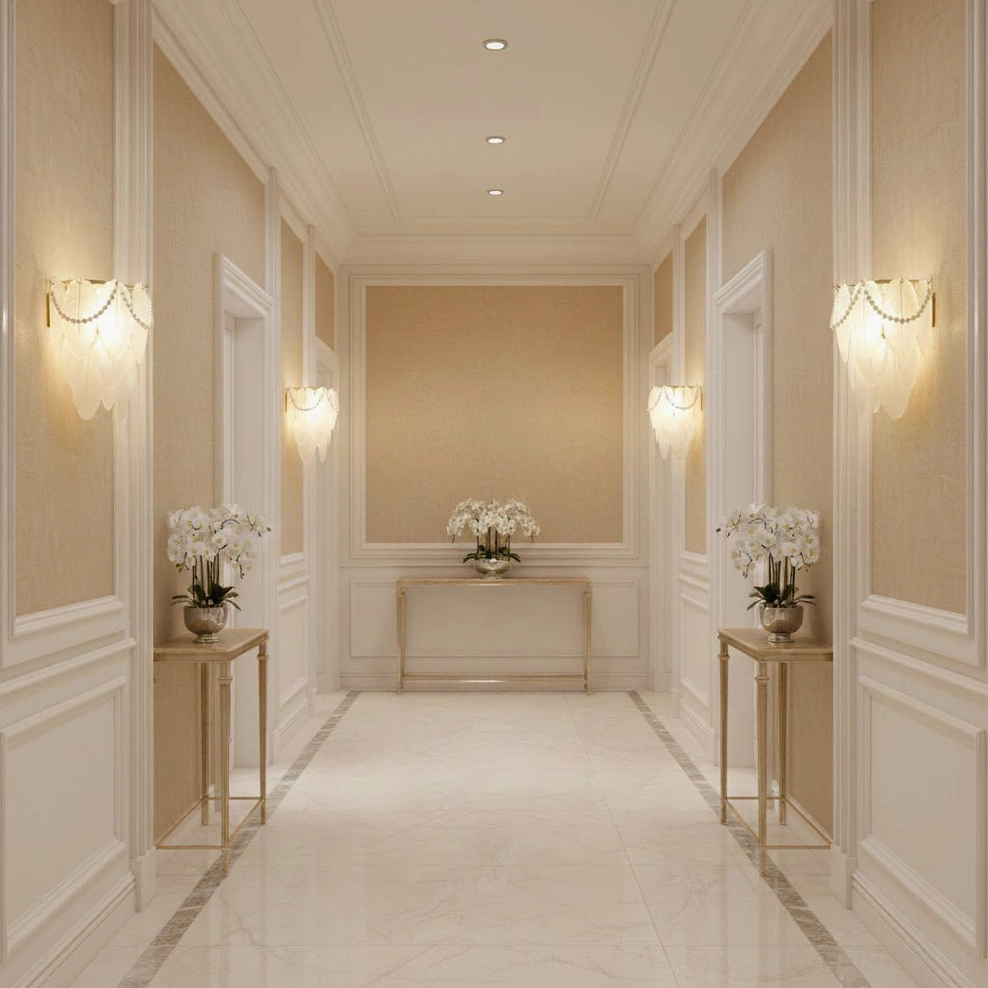 Feather Pearl Wall Sconce - residential hallway corridor with multiple matching wall lamps, bright marble floor luxury interior