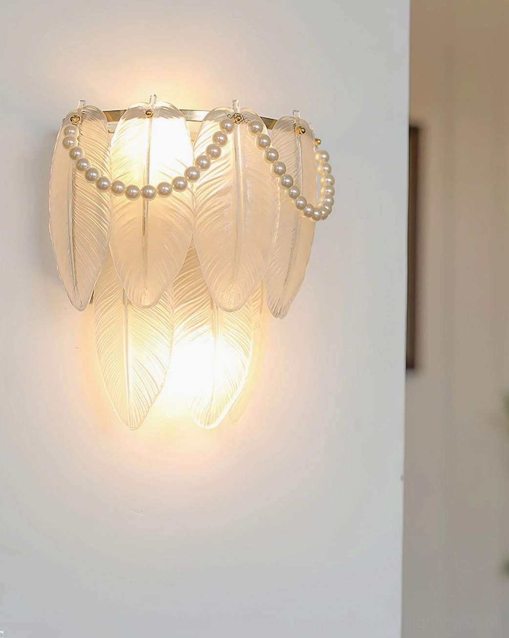 Feather Pearl Wall Sconce - interior design application, luxury home decor styling, contemporary wall sconce placement