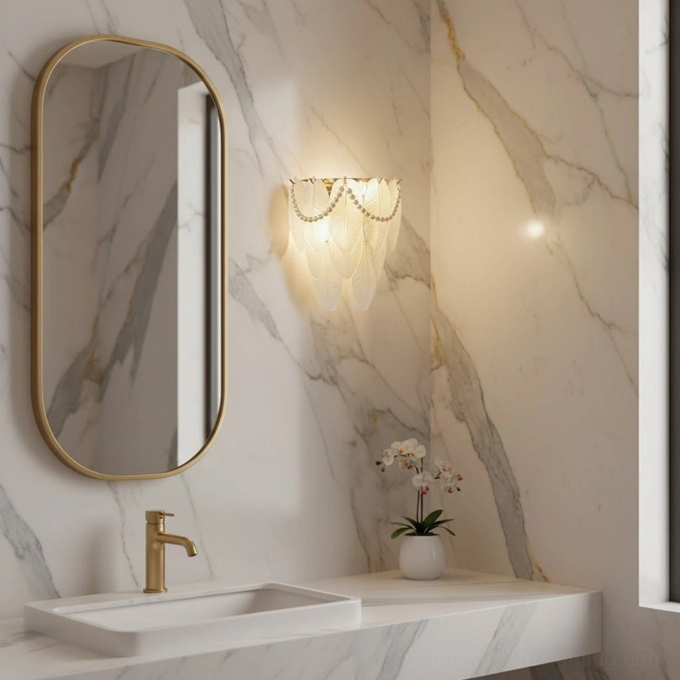 Feather Pearl Wall Sconce - marble bathroom vanity space, oval gold-framed mirror, luxury bathroom wall light fixture