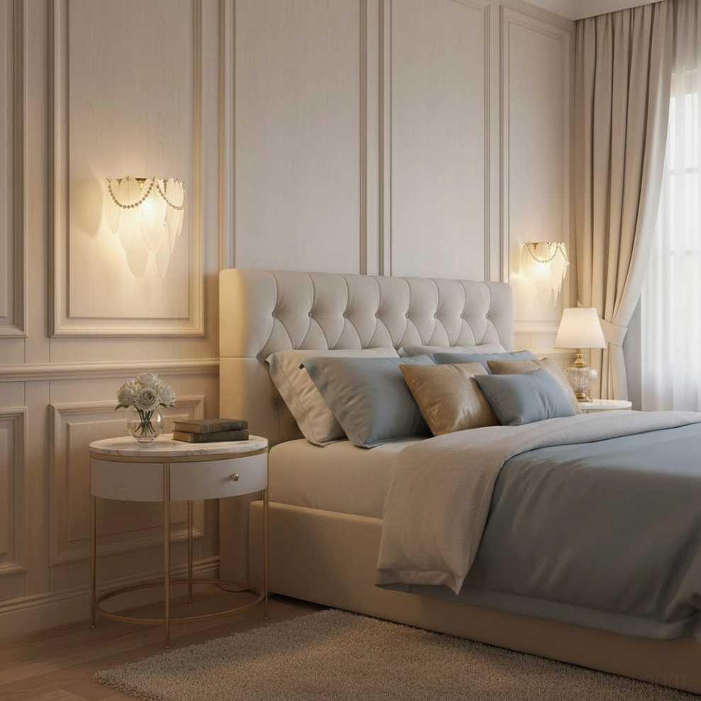 Feather Pearl Wall Sconce - master bedroom vanity lighting, recessed panel walls, warm ambient illumination, matching sconces
