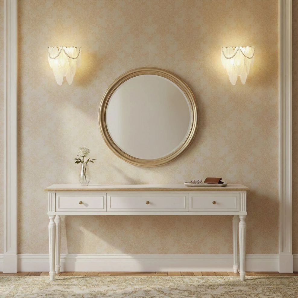 Feather Pearl Wall Sconce - minimalist vanity entryway, round gold mirror, warm neutral modern decor styling