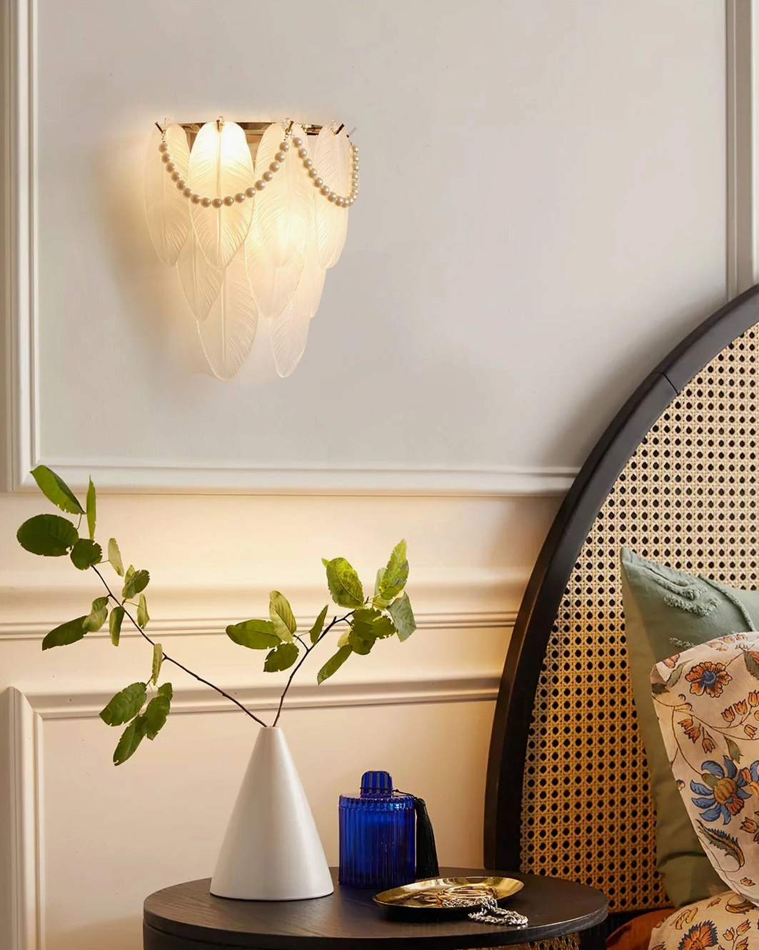 Feather Pearl Wall Sconce - pearl chain accent details, diamond-textured glass lampshade, premium craftsmanship