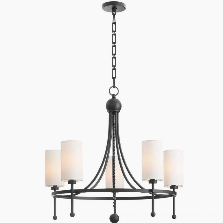 Fenwick 8-light black traditional chandelier with candle-style lamp arms, direct hanging shot
