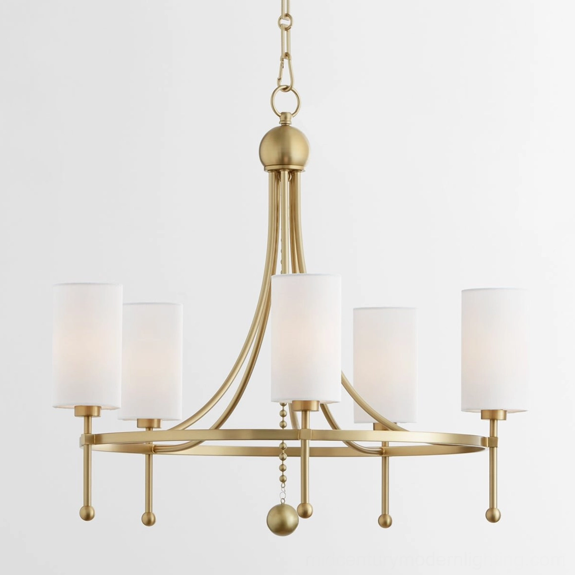 Fenwick brass chandelier with beaded decorative chain detail, front hanging shot