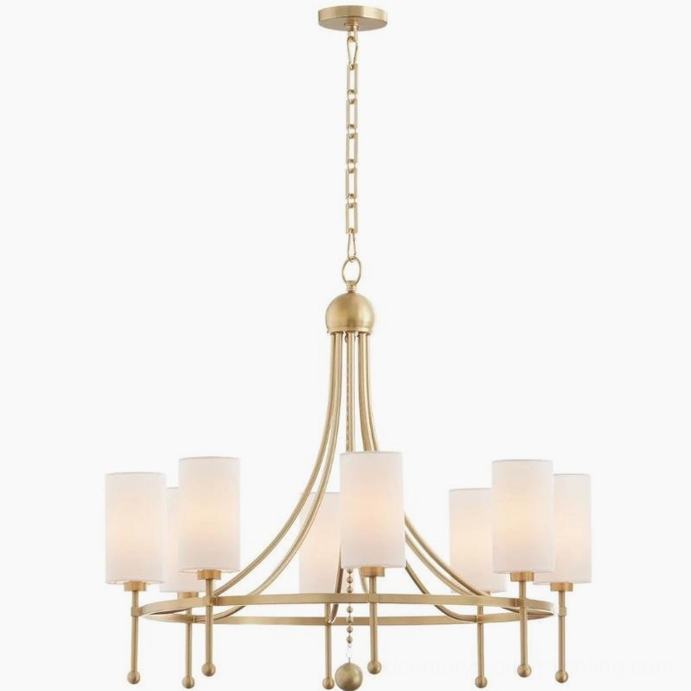 Fenwick 8-light brass gold chandelier with white cylindrical fabric shades, full front view