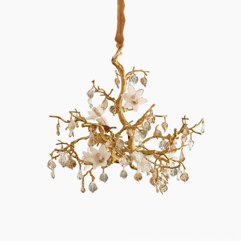 Fiori mid-century modern sculptural chandelier featuring brass tree-branch form with ceramic and crystal details