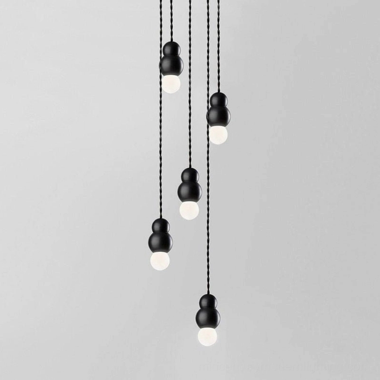 Five-head ball pendant light small spheres black finish, minimalist contemporary pendant installation