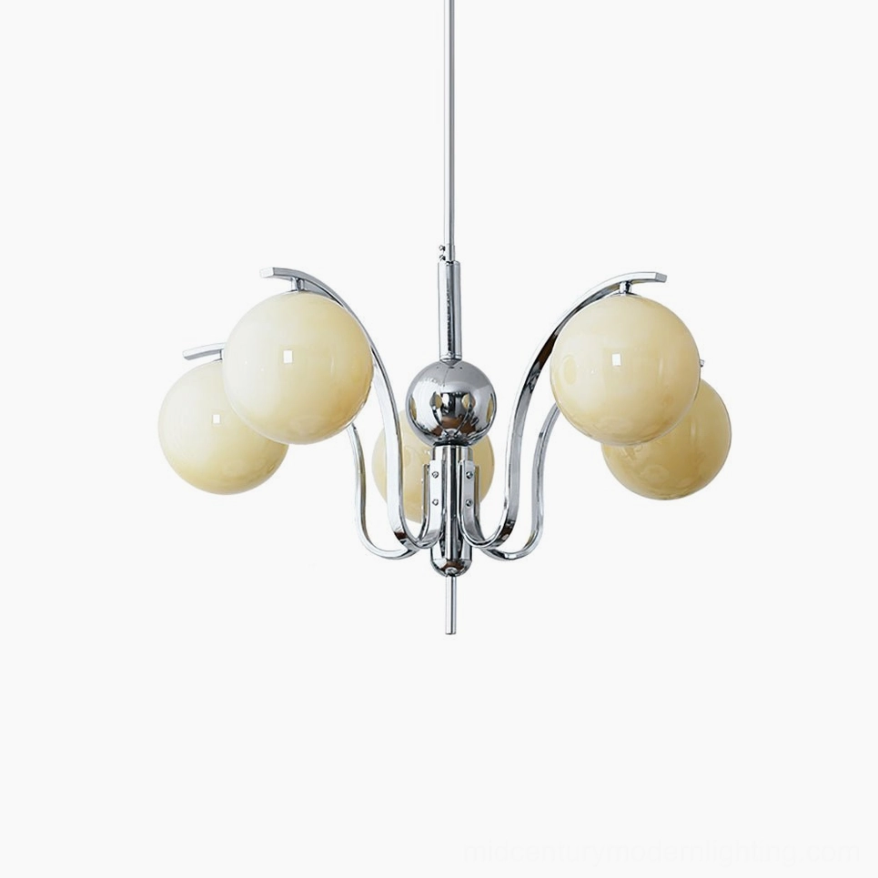5-head beige glass globe chandelier with creamy tones and vintage-modern chrome frame