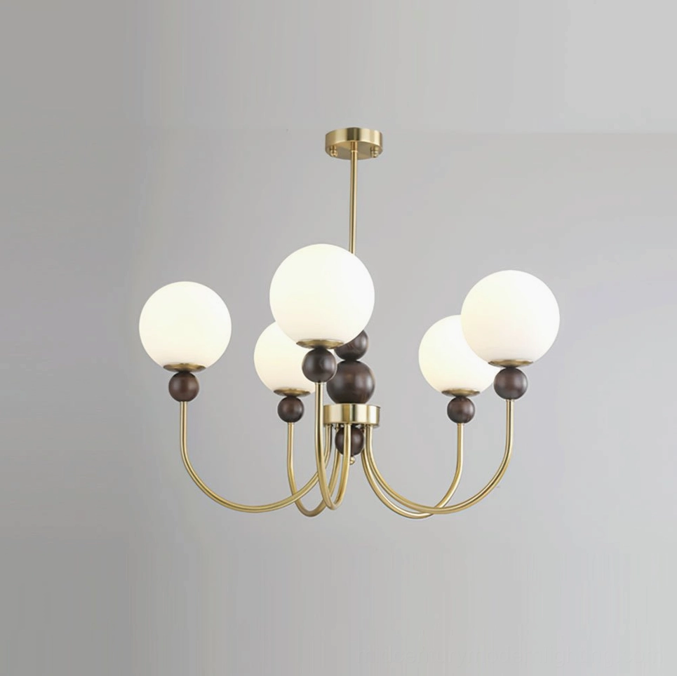5-head modern glass pendant chandelier with gold and walnut metal finish