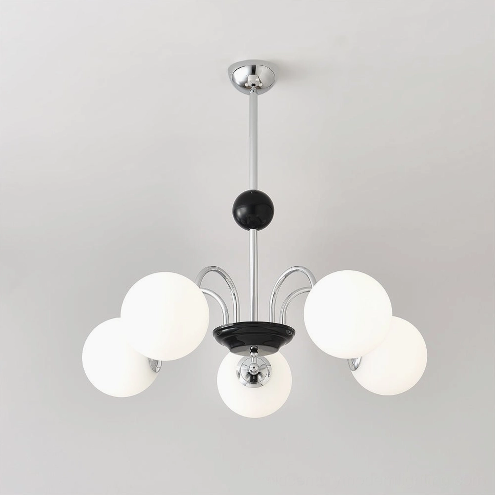 Five-head globe chandelier with chrome-black frame and frosted white glass shades