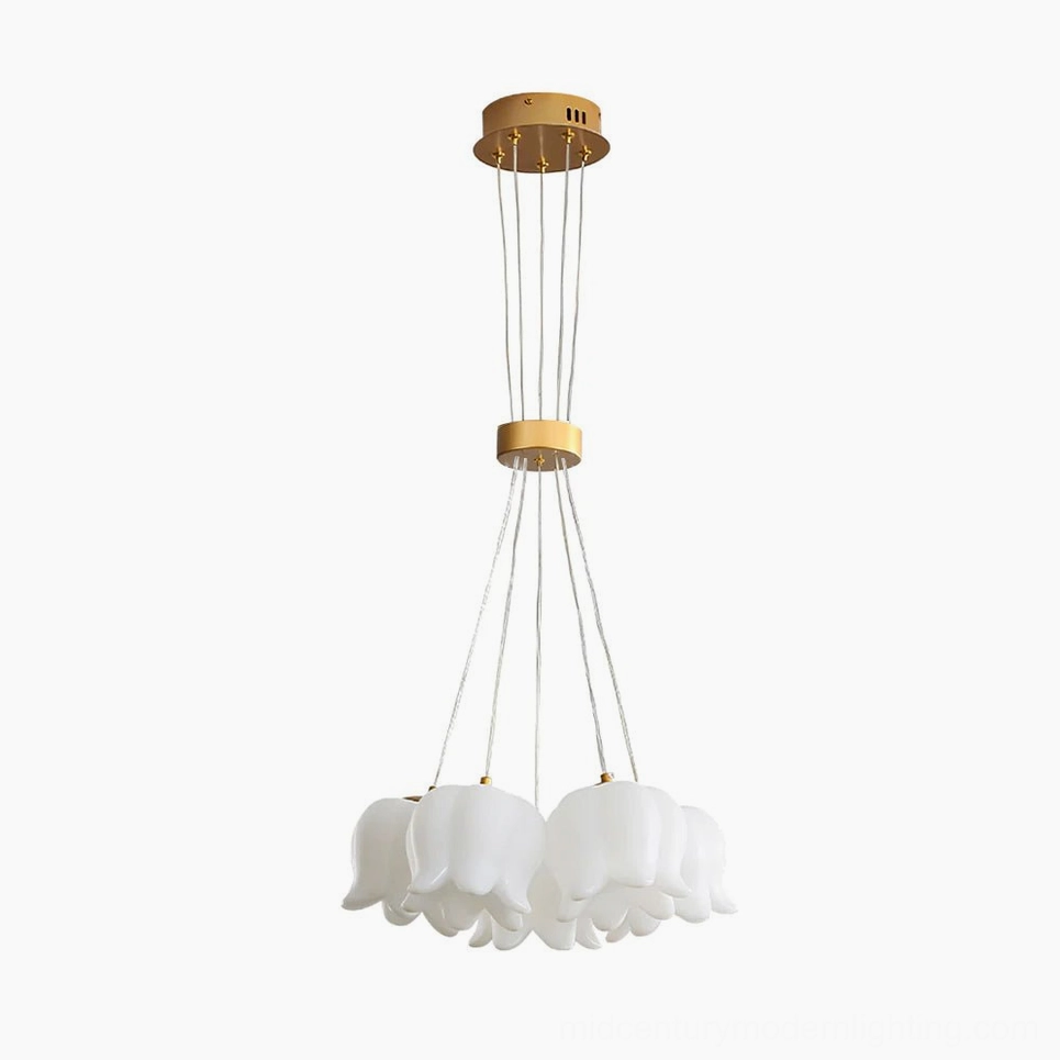 5-head lily of the valley chandelier in frosted acrylic and gold metal, perfect for medium-sized dining rooms or living spaces