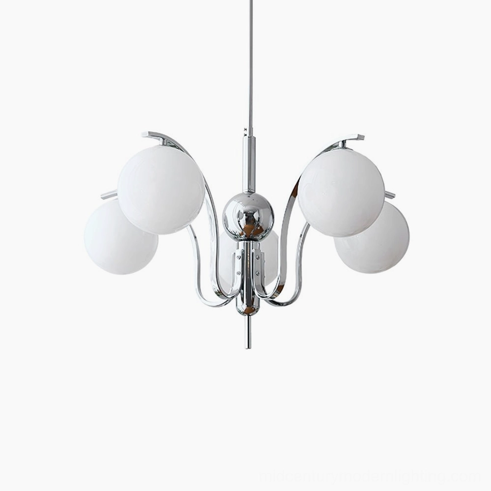 5-head mid-size glass globe chandelier with white shades and polished chrome frame