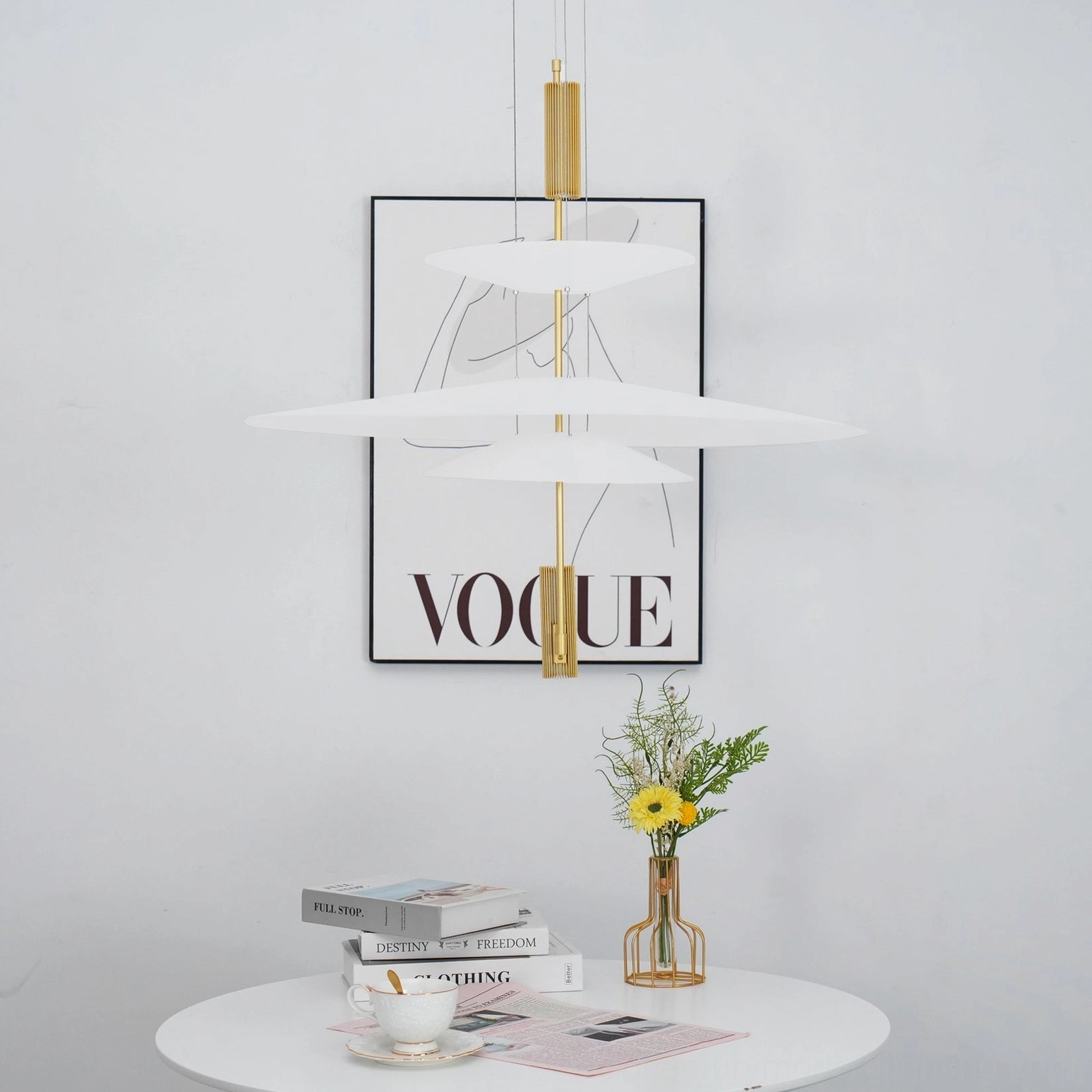 Floating disc pendant light fixture showcasing geometric design in modern interior environment