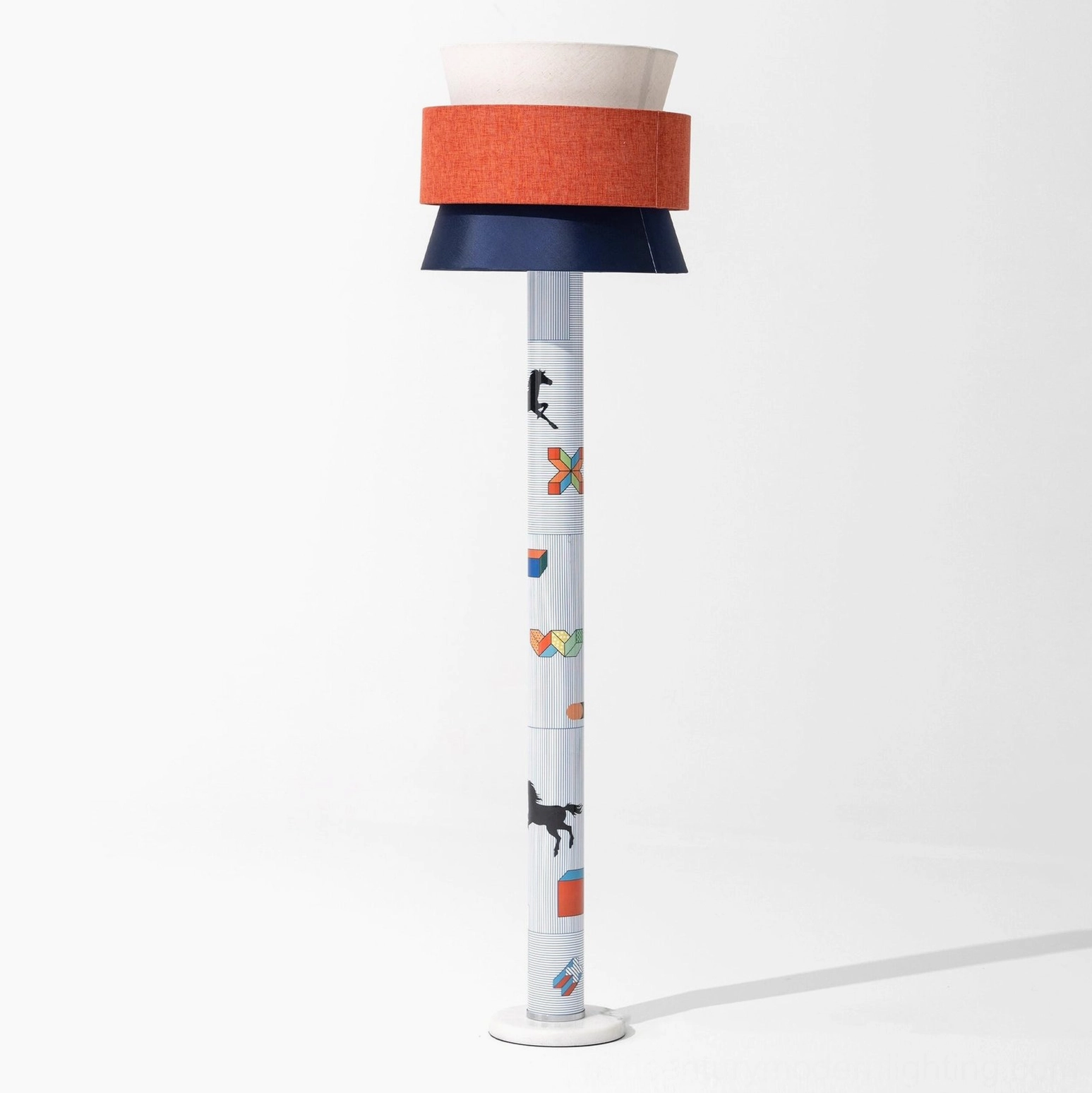 Striped Pony Floor Lamp showcasing printed equine pattern and tri-color woven shade construction detail