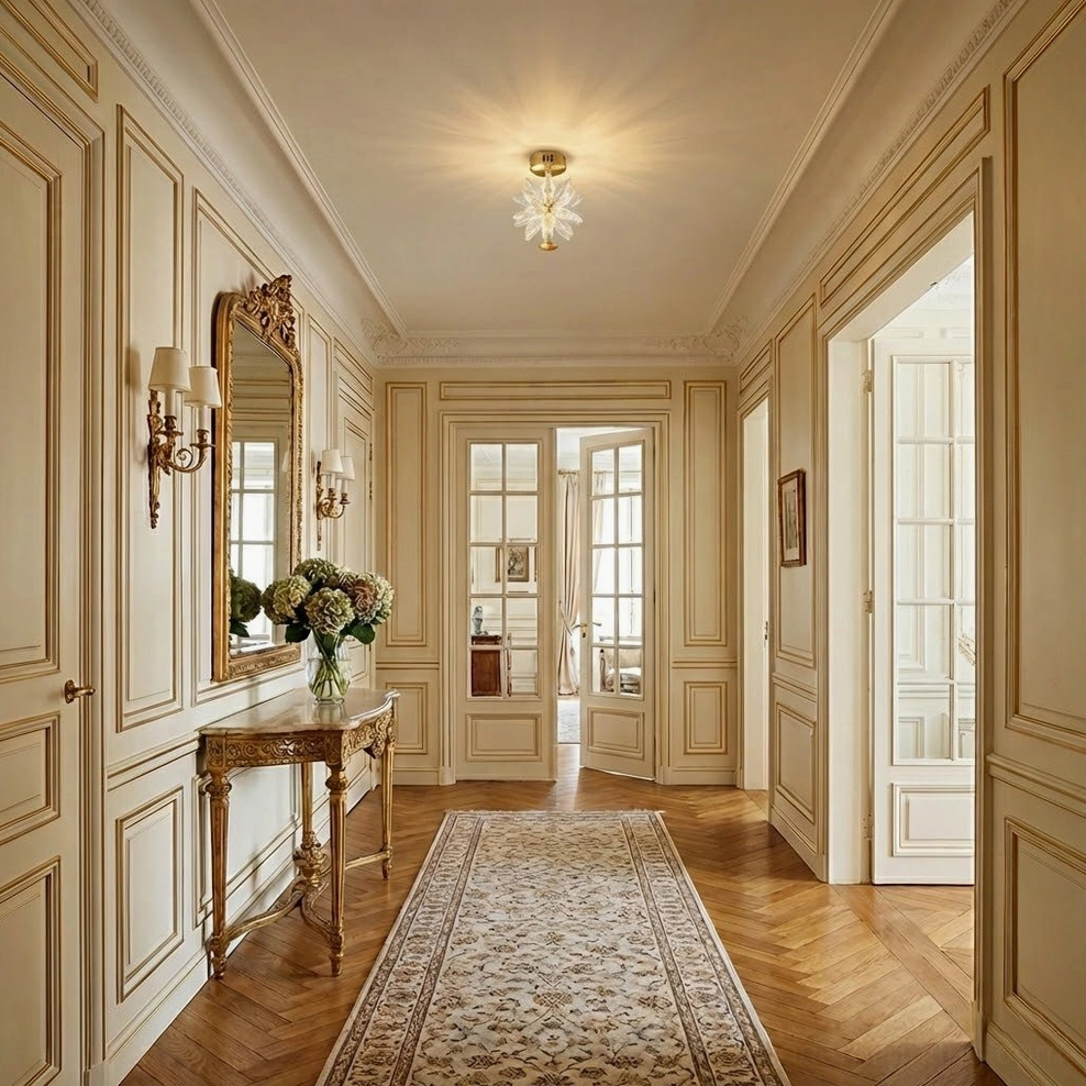 Floral crystal ceiling lamp in luxury neoclassical hallway with vintage wall sconces, console table and area rug