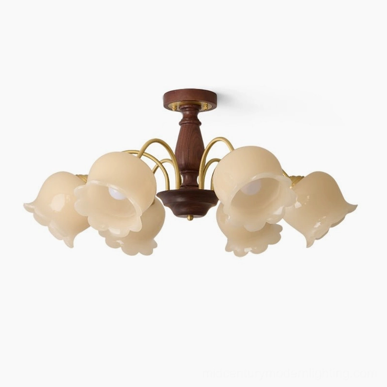 6-head floral glass flower chandelier in brass and walnut finish with cream-colored glass shades, complete chandelier assembly