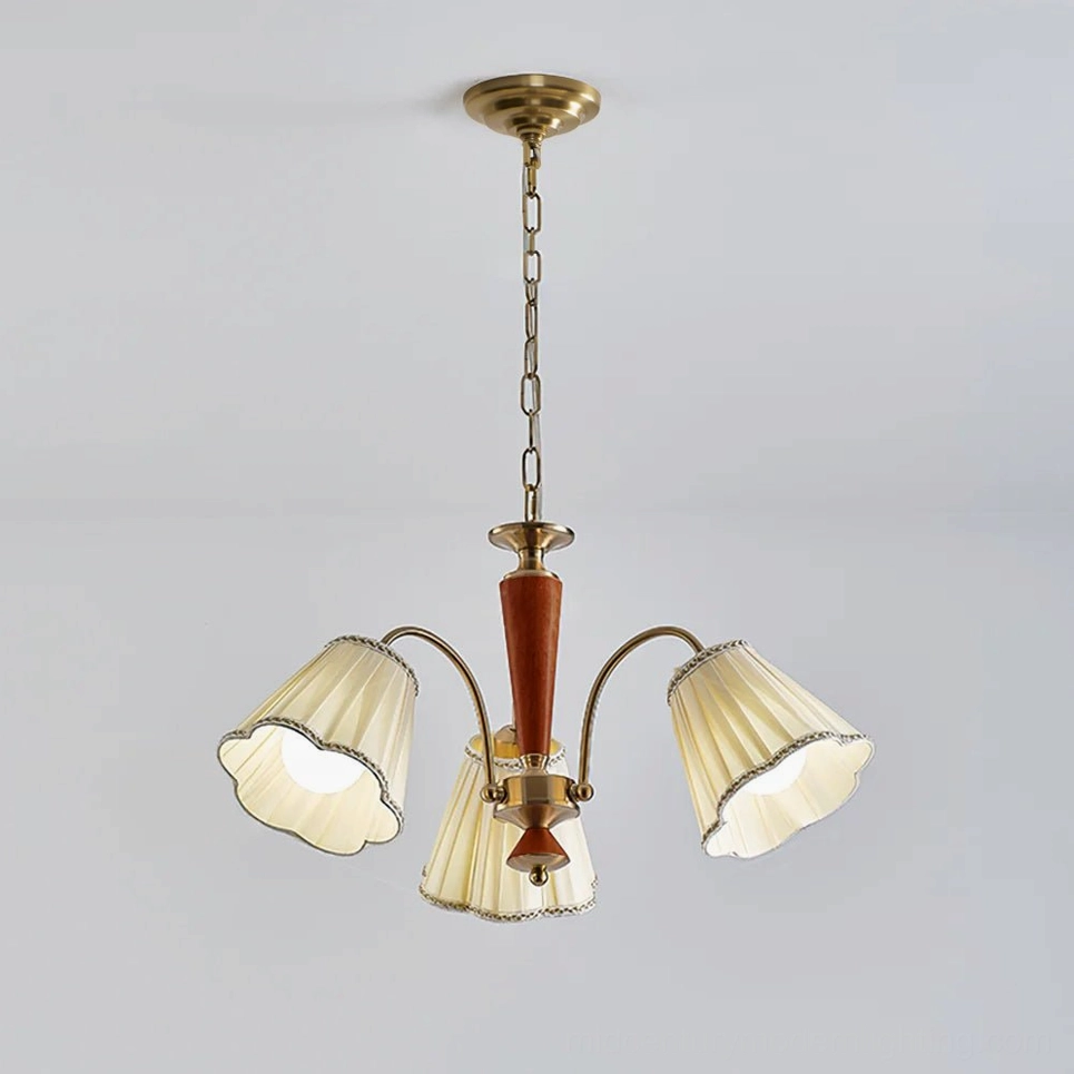 Florentine fabric chandelier 3-light pendant with pleated cream shades on white background