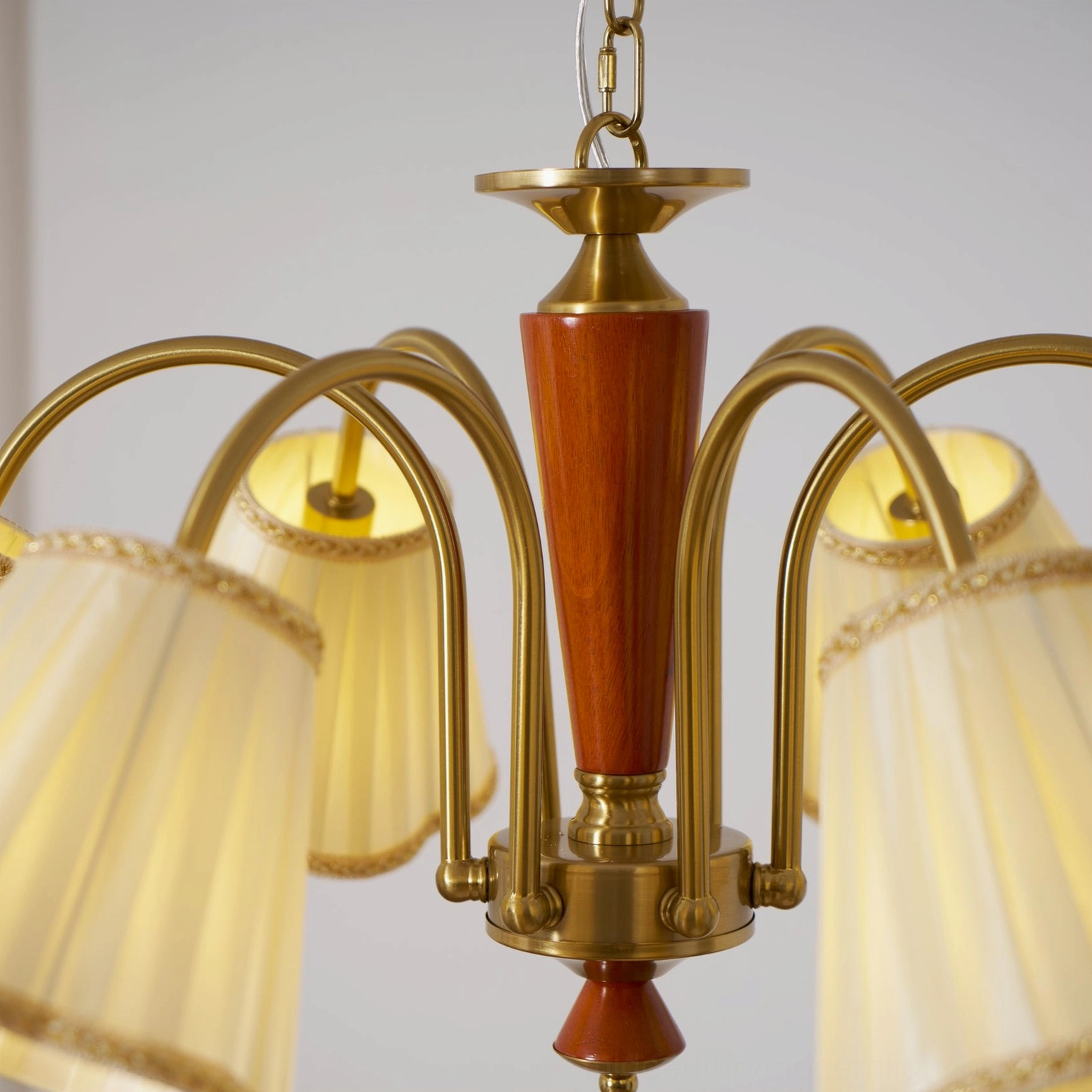 Florentine fabric chandelier 6-light multi-head pendant with pleated shades and brass framework