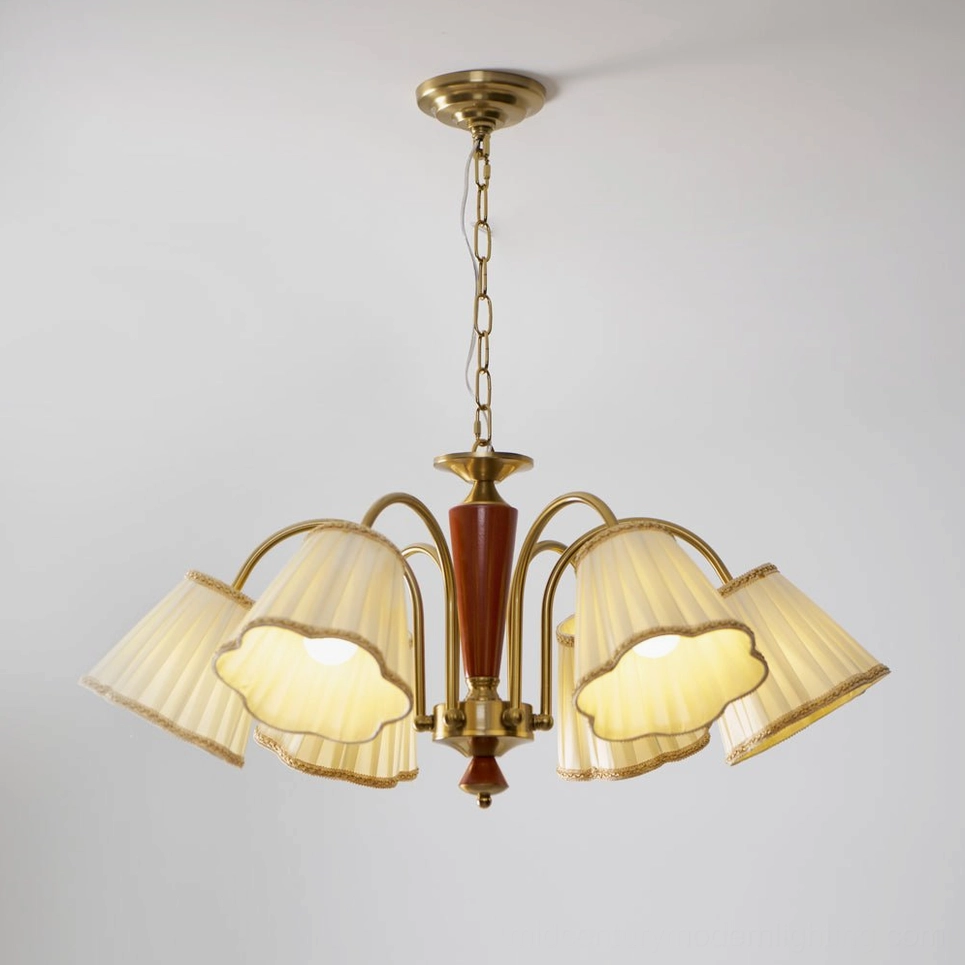 Florentine fabric chandelier 8-head configuration with mixed wood and brass design full view
