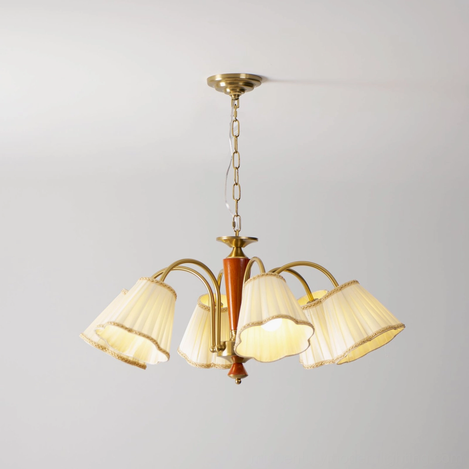 Florentine fabric chandelier 8-light pendant showing hanging chain and ceiling mount hardware